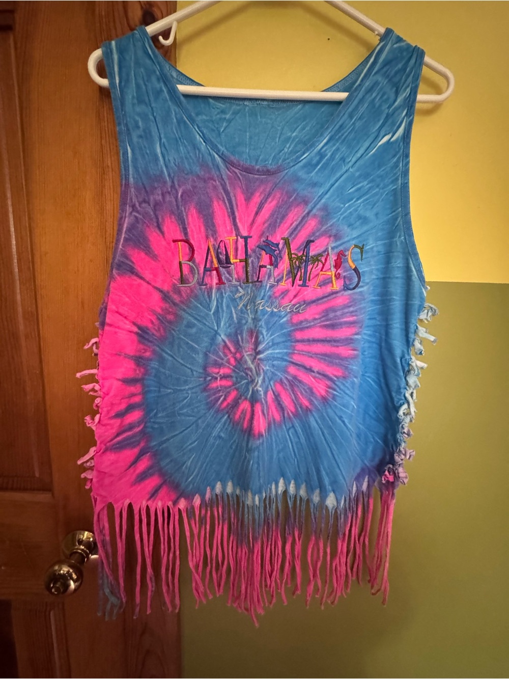 Bahamas Tie-Dye Fringe Tank Top - Blue & Pink
